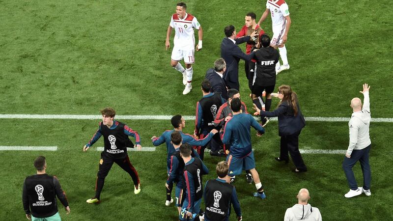 Controversy on the sideline after the use of VAR in Spain v Iran. Photo: Getty Images