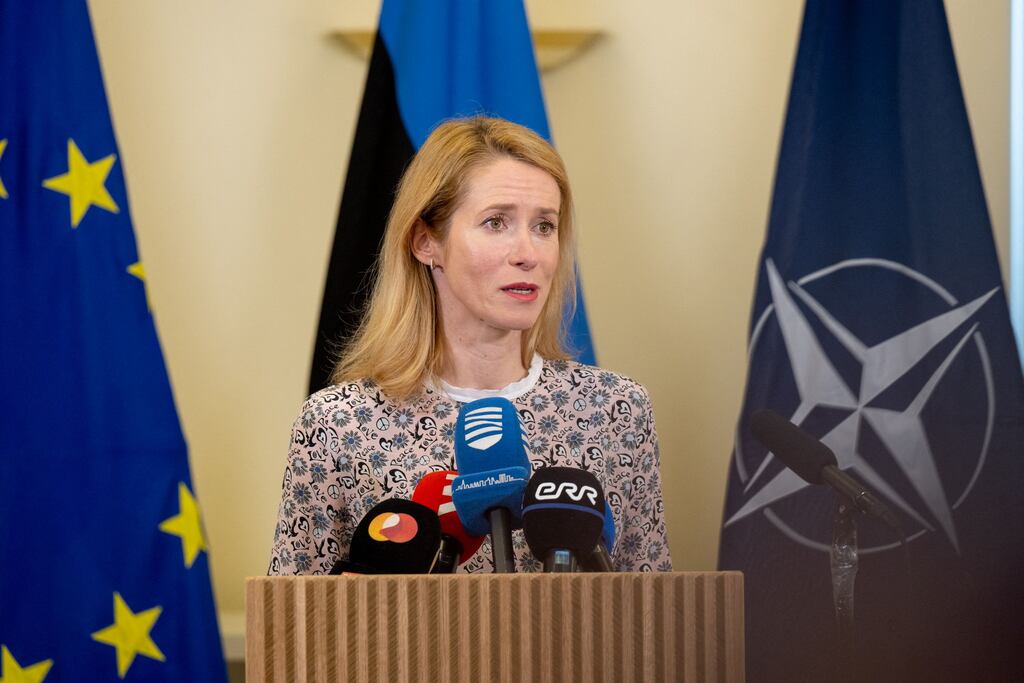 Estonian prime minister Kaja Kallas gives a press conferencein Tallinn to comment on her country's government crisis. Photograph: Raigo Pajula/AFP via Getty