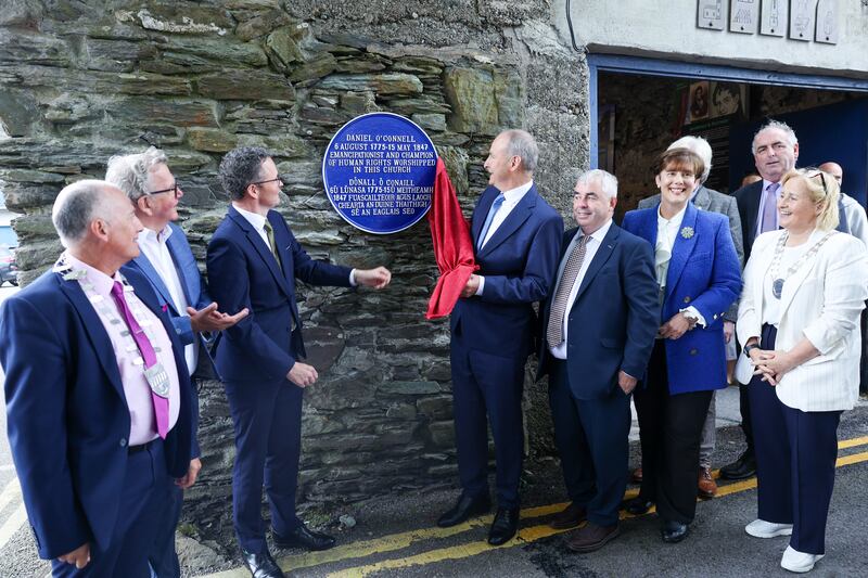 Micheál Martin at a civic reception and unveiling of a commemorative plaque for the 250th anniversary of the birth of Daniel O'Connell in Cahersiveen, Co Kerry. Photograph: Government Information Service