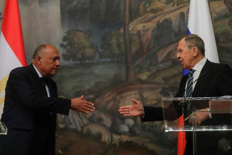 Russian foreign minister Sergei Lavrov with Egyptian counterpart Sameh Shoukry during a joint press conference following their talks in Moscow on January 31st, 2023. Photograph: Maxim Shipenkov/AFP/Getty