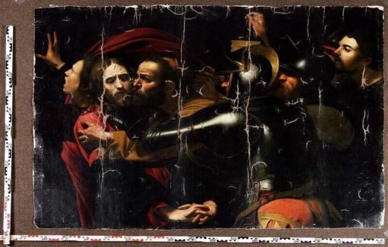Another version of The Taking of Christ, which some believe is also by Caravaggio, was stolen from a museum in Odesa in 2008 by a mafia gang and damaged in the process as seen in this police photo after its recovery.