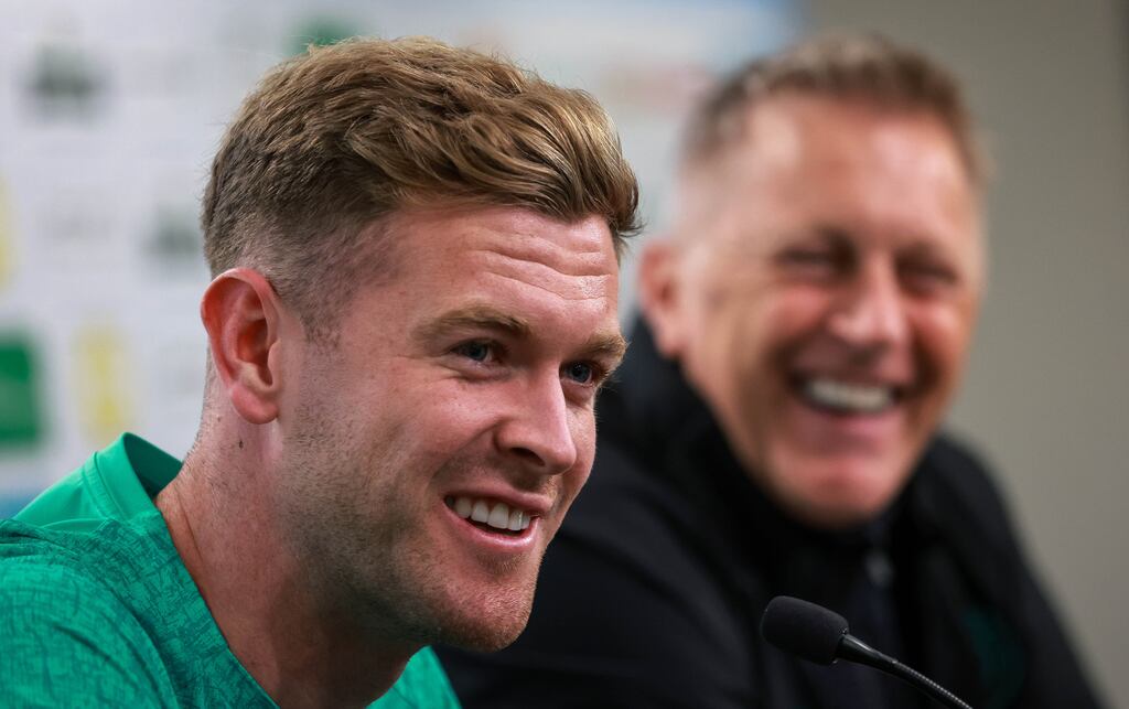 Nathan Collins and Heimir Hallgrímsson speaking to the media on Monday before Tuesday's friendly against Luxembourg. Photograph: Ryan Byrne/Inpho