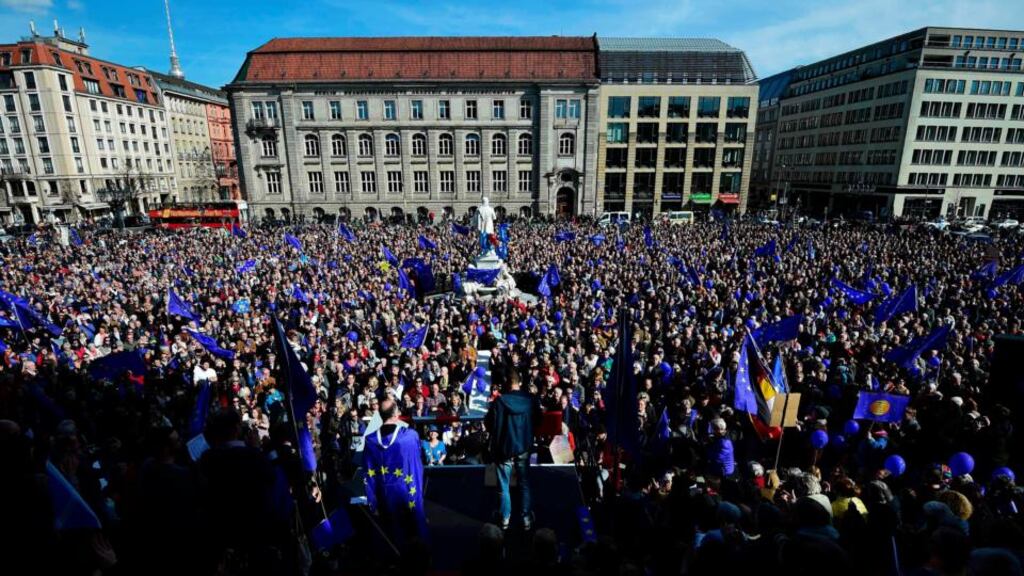 Crowds attend a pro-Europe demonstration in Berlin on Sunday. Photograph: Tobias Schwartz/AFP/Getty Images