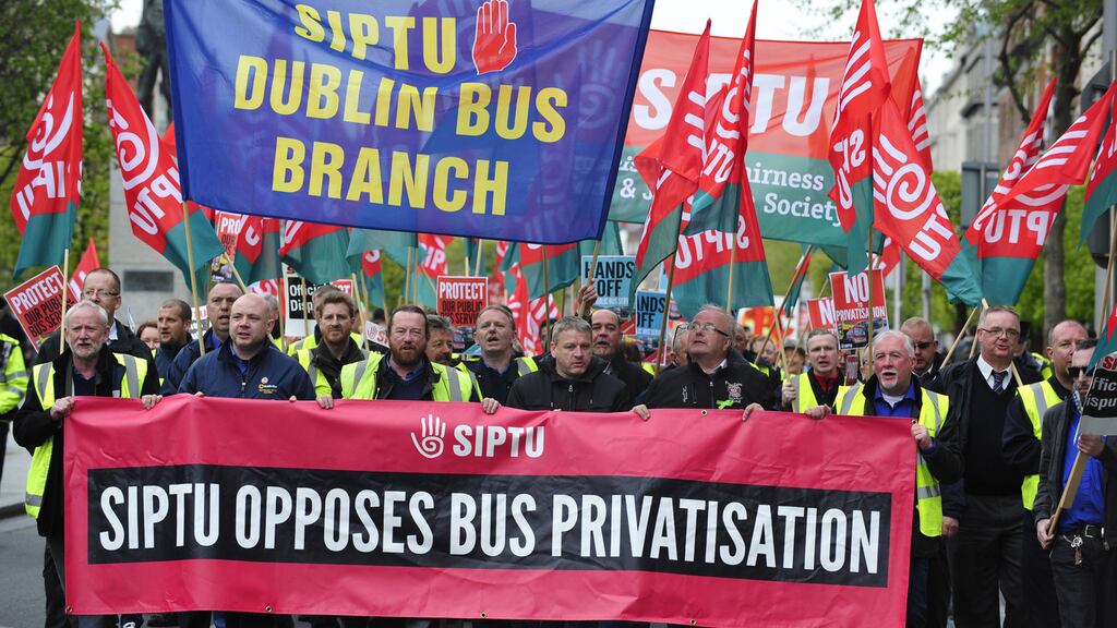 Dublin Bus drivers pictured marching in The annual May Day Demonstration organised by the Dublin Council of Trade Unions. Photograph: Aidan Crawley/The Irish Times