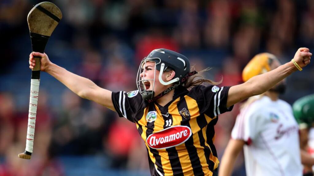 Katie Power celebrates scoring Kilkenny’s goal in the Liberty Insurance All-Ireland Senior Camogie Championship semi-final against Galway at Semple Stadium in Thurles. Photograph: Bryan Keane/Inpho