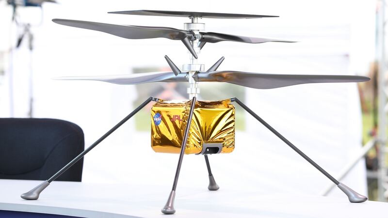 A full size model of the Ingenuity helicopter, which will be part of the Perseverance rover mission to Mars. Photograph: Getty Images