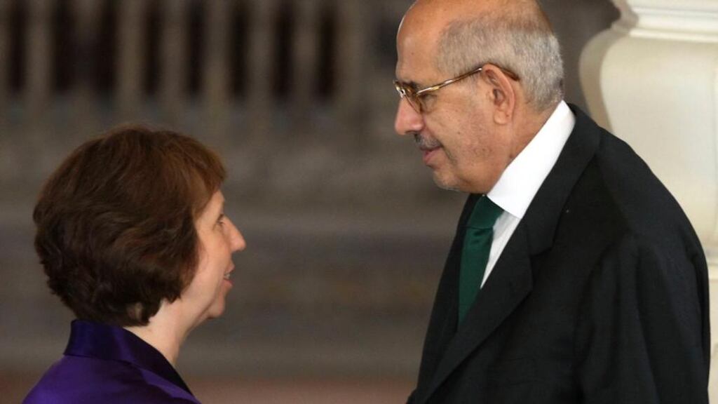 EU foreign policy chief Catherine Ashton with Egypt’s then interim vice-president Mohamed ElBaradei during her visit to Cairo last month, when she initiated an attempted deal to resolve the Egyptian conflict. Photograph: Amr Abdallah Dalsh/Reuters