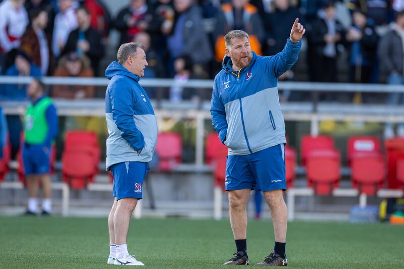 Ulster head coach Richie Murphy and defence coach Jonny Bell before Ulster vs Cardiff Rugby. Photograph: Morgan Treacy/Inpho