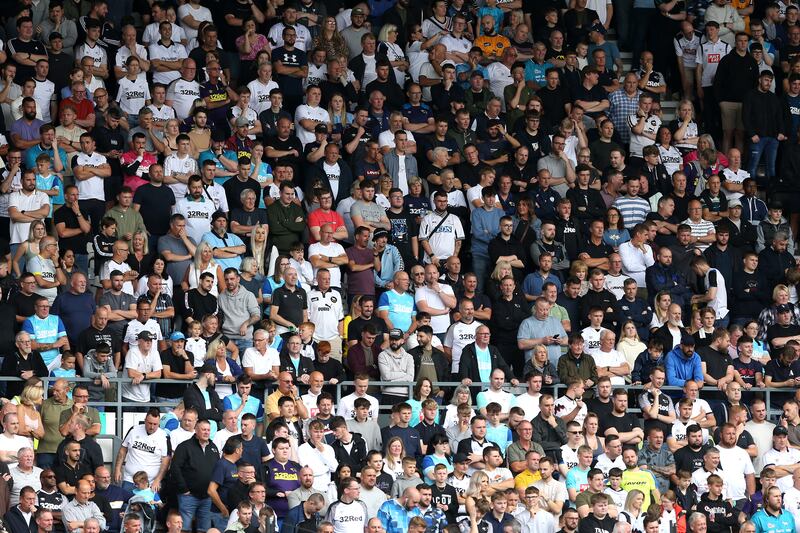 Derby County fans in the stands at Pride Park. Photograph: Barrington Coombs/PA