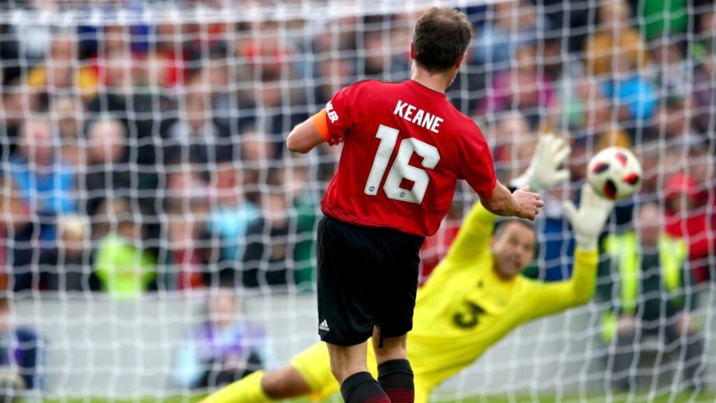 Roy Keane of Manchester United missed a penalty during the Liam Miller tribute match. Photograph: James Crombie/Inpho