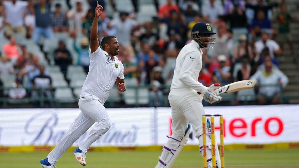 South Africa bowler Vernon Philander celebrates dismissing India batsman Jasprit Bumrah to complete a 72-run victory in the first Test at Newlands in Cape Town. Photograph: Marco Longari/AFP/Getty Images