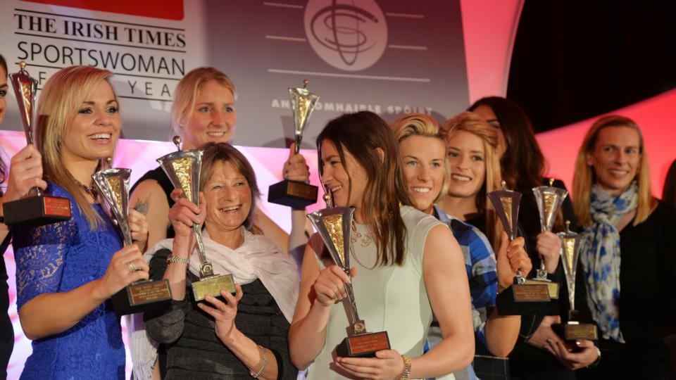 Joanna Morgan (centre left), winner of the Lifetime Achievement Award and Katie Taylor ( centre) winner of the ‘Sports woman of the Year 2014’ surrounded by the monthly winners of 2014 on stage at the 10th Annual The Irish Times/Irish Sports Council Sportswoman of the Year awards. Photograph: Alan Betson / The Irish Times