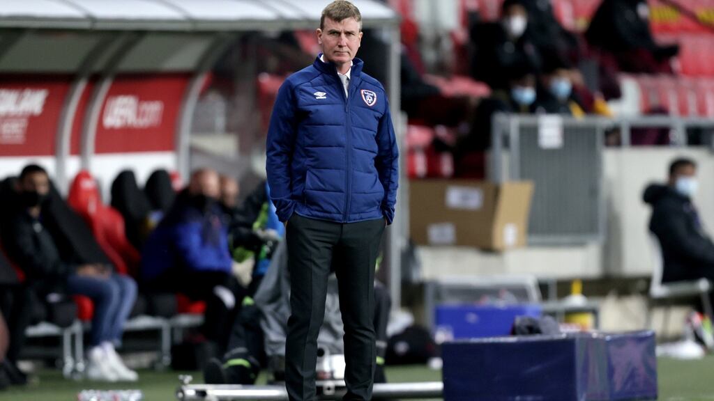Ireland manager Stephen Kenny shortly after Qatar equalised during the friendly international in Debrecen. Photograph: Laszlo Geczo/Inpho