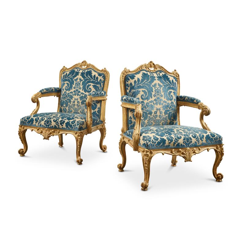 Pair of George II carved giltwood armchairs, thought to have been commissioned by Charles Moore, first earl of Charleville and bearing the label of R Strahan & Co, $100,000-$150,000, Sotheby's