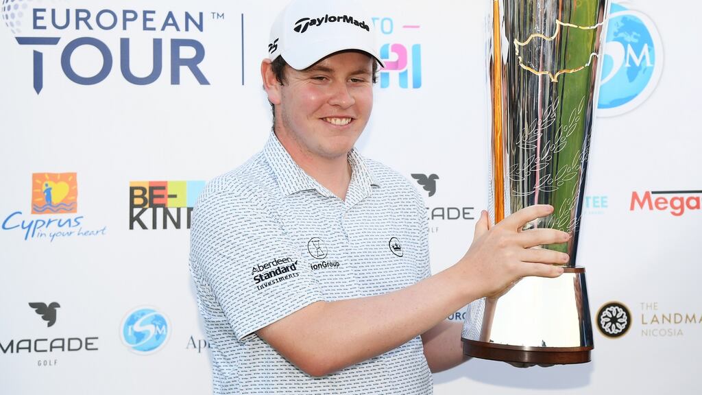 Robert MacIntyre of Scotland lifts the trophy after winning the Aphrodite Hills Cyprus Showdown in Paphos, Cyprus. Photo: Ross Kinnaird/Getty Images