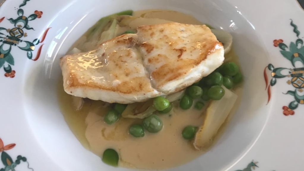 Graham Neville’s Turbo with fresh peas, spring onions and Pernod sauce