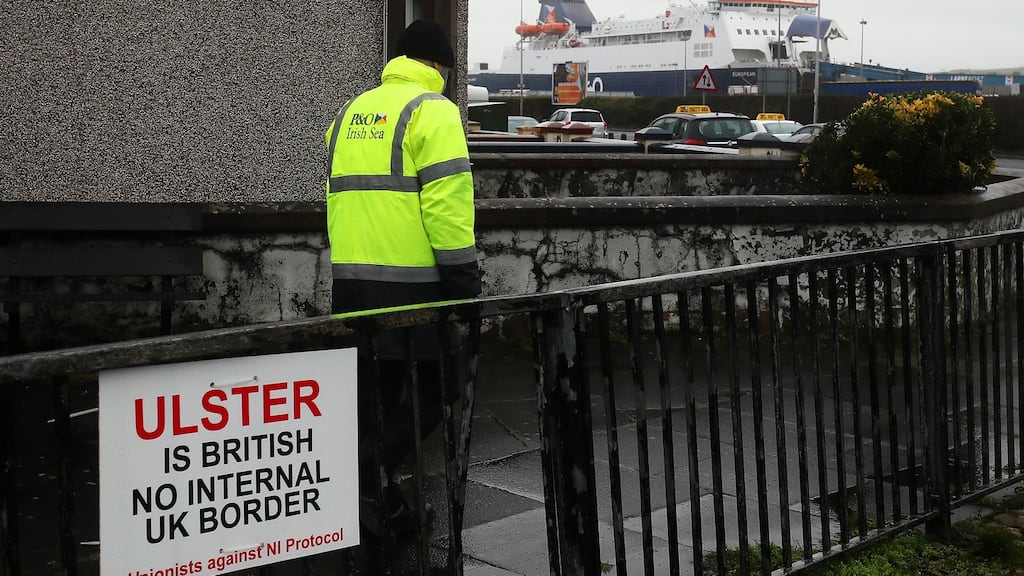 A sign near the entrance to Larne Port. Photograph : Brian Lawless/PA Wire