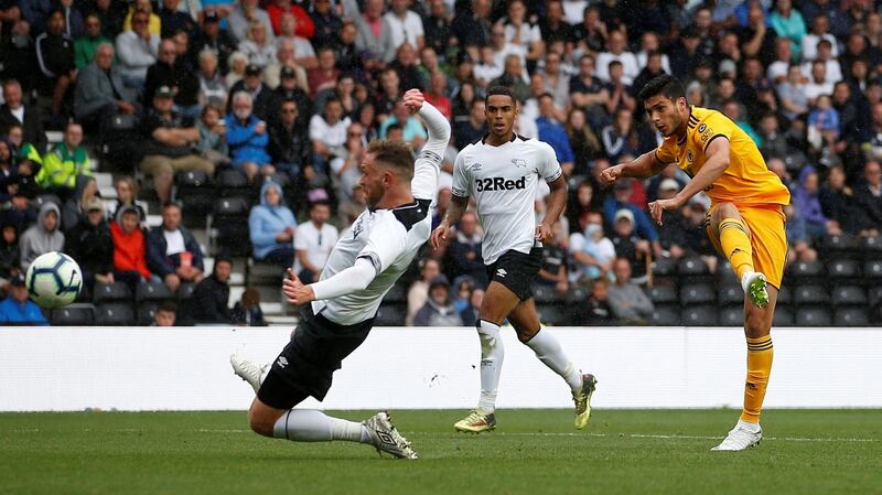 WOLVERHAMPTON WANDERERS: Raul Jimenez shoots Photo: Reuters/Craig Brough