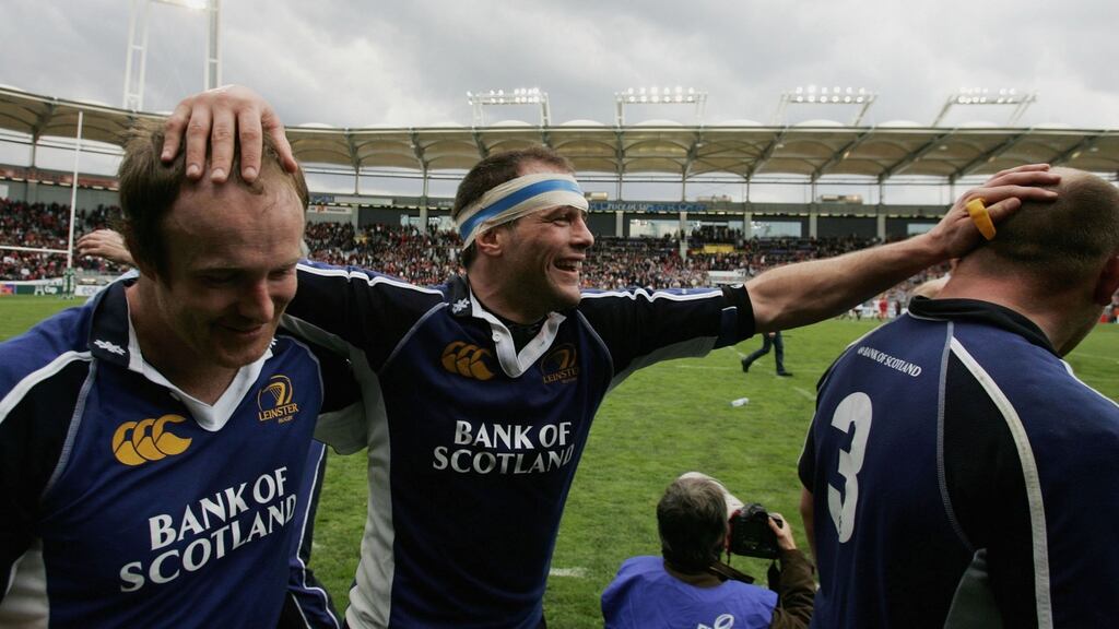 Felipe Contepomi celebrates with team mates Denis Hickie (left) and Will Green after their victory in Toulouse in the Heineken Cup quarter-final in 2006. ‘There were a lot of similarities between that game and Leinster’s loss to Clermont.’ Photograph: David Rogers/Getty Images