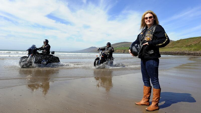 Bikers Aine Connell, her dad Mike and friend Alan Collins from the Celtic Thunder Motor Cycle Club pictured on Inch Beach along the Wild Atlantic Way in County Kerry. Photograph: Don MacMonagle