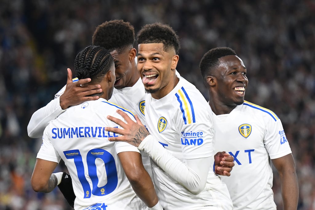 Georginio Rutter of Leeds United celebrates after Crysencio Summerville of Leeds United (obscured) scores his team's fourth goal. Photograph: Michael Regan/Getty
