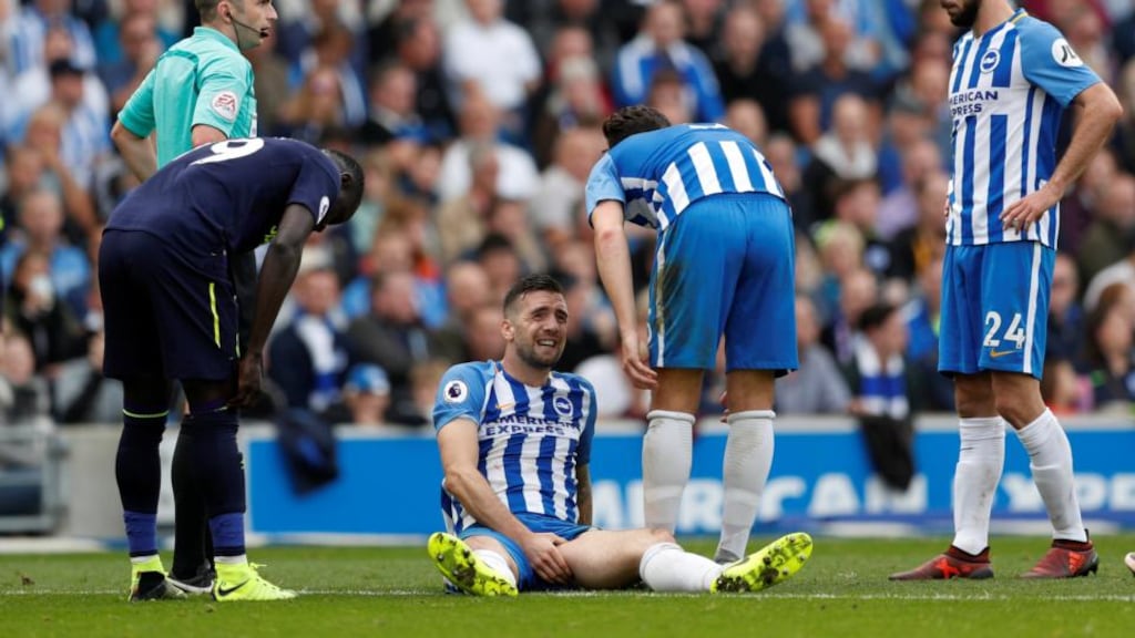 Brighton’s Shane Duffy sustains an injury against Everton. Photograph: John Sibley/Reuters