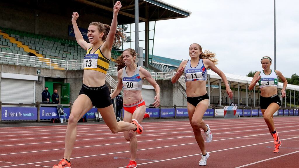 Louise Shanahan   celebrates the national title win that secured her place in Tokyo. Photograph: Bryan Keane/Inpho