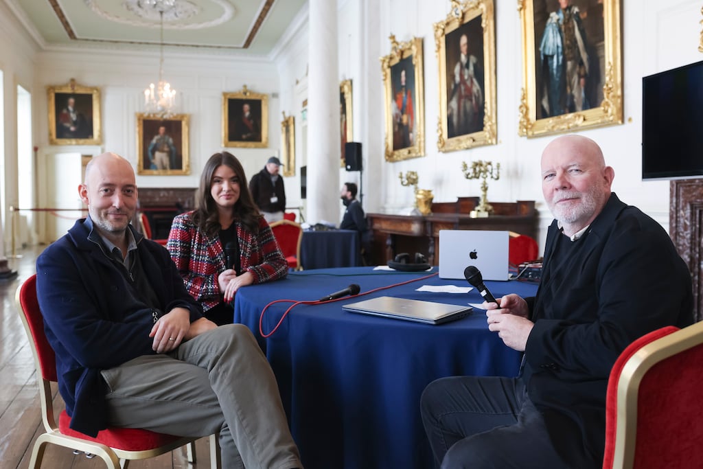 The Irish Times Election Daily podcast team at the presidential election centre in Dublin Castle. Photograph: Dan Dennison