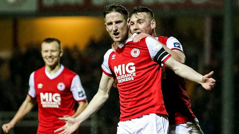 St Patrick’s Athletic’s Ian Bermingham celebrates after scoring a goal in the SSE Airtricity League Premier Division match against Limerick at Richmond Park. Photograph: Laszlo Geczo/Inpho