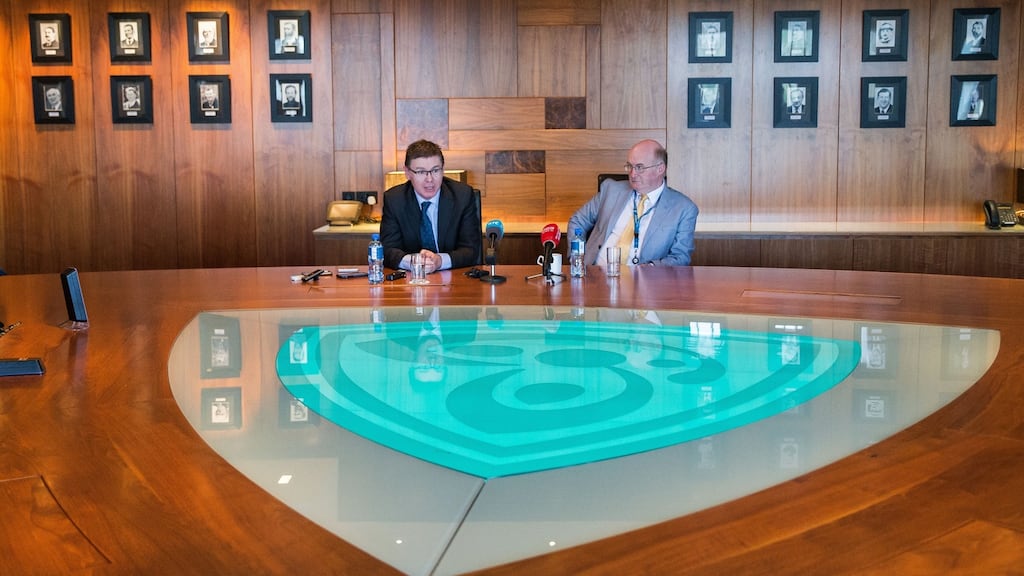 GAA director general Tom Ryan with GAA president John Horan at the media briefing in Croke Park. Photograph: Gary Carr/Inpho