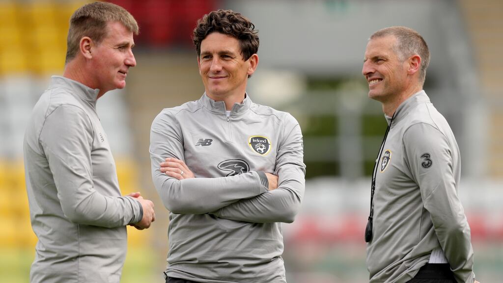 Jim Crawford (right) with Stephen Kenny and Keith Andrews. Photograph: Oisin Keniry/Inpho