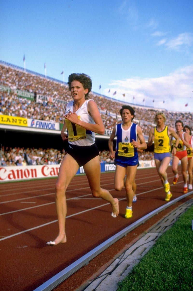 Zola Budd of South Africa leads the field during an event at the Helsinki Grand Prix at the Olympic Stadium in Helsinki, Finland in 1985. Photograph: Allsport UK /Allsport