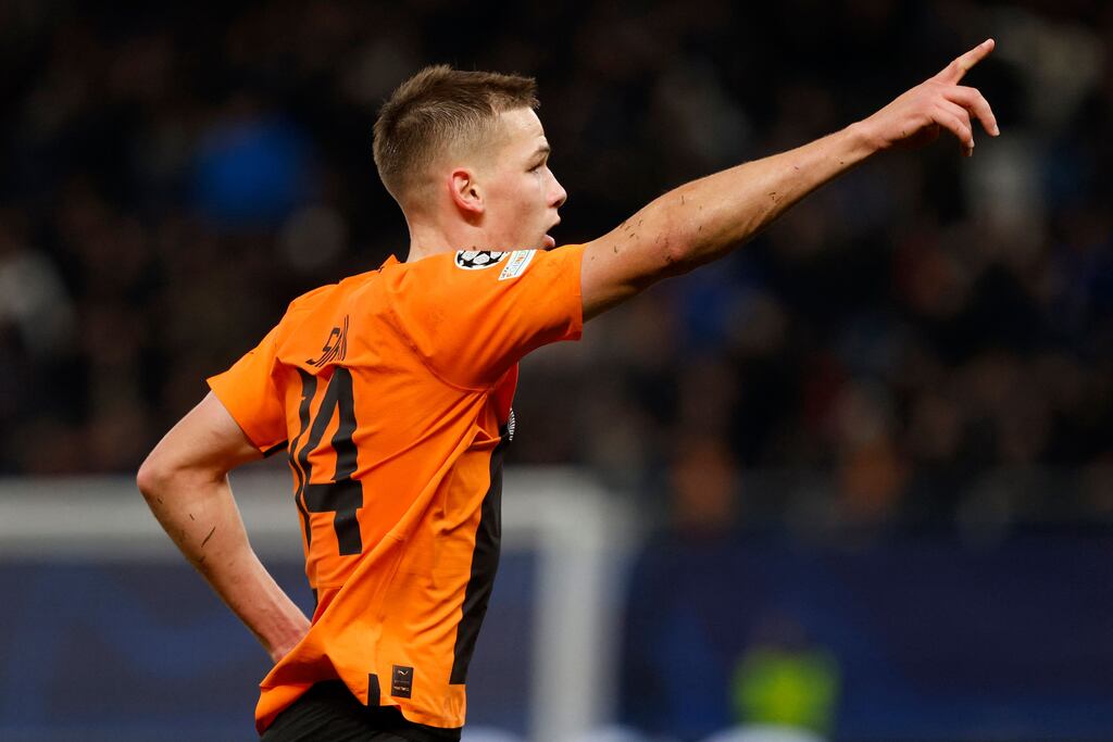 Shakhtar Donetsk's Ukrainian forward Danylo Sikan celebrates scoring. Photograph: Axel Heimken/AFP via Getty