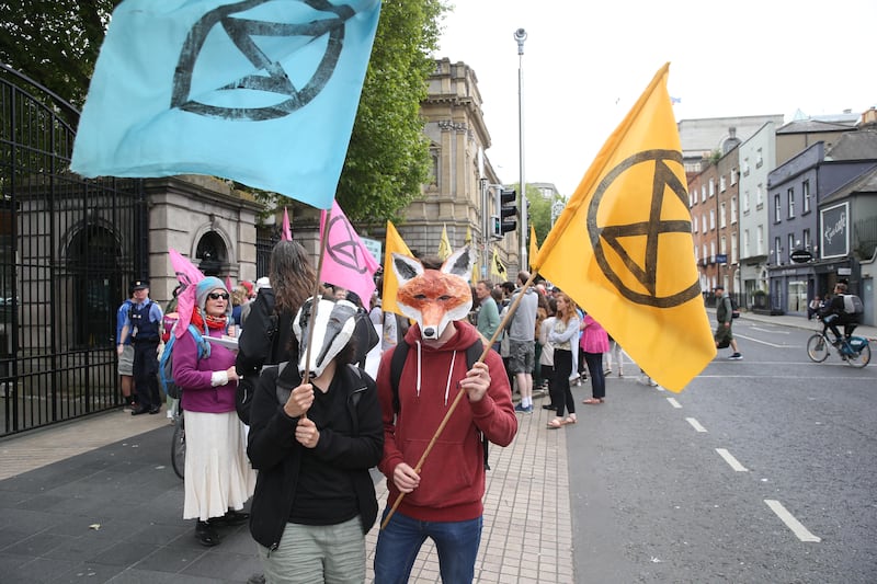 Climate activists at a demonstration in Dublin focused on nature restoration. Photograph: Stephen Collins/Collins Photos