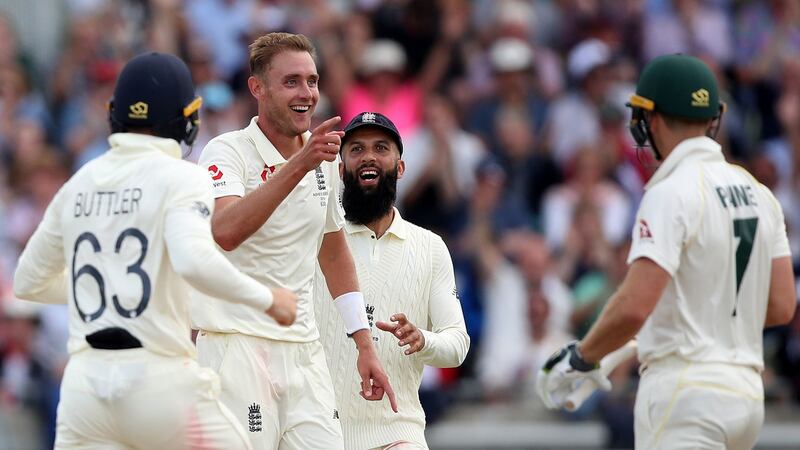 England’s Stuart Broad celebrates taking the wicket of Australia’s Tim Paine. Photograph: Nick Potts/PA Wire.