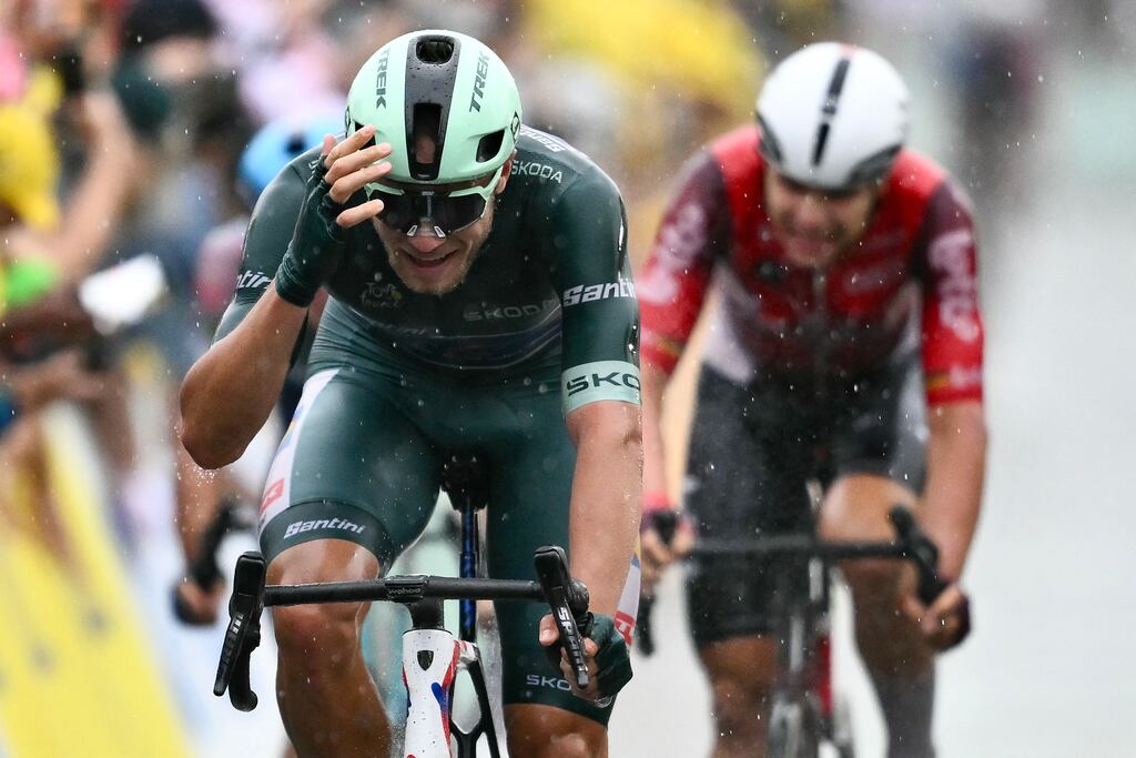 Lidl-Trek's Jonathan Milan celebrates crossing the line to win the 17th stage of the Tour de France. Photograph: Marco Bertorello/AFP via Getty Images