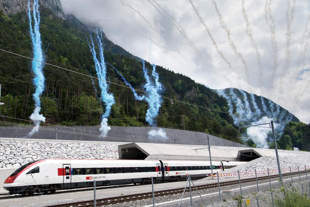 The Gotthard Base Tunnel near Erstfeld, Switzerland where one of the portals has been blocked due to a cargo train crash a week ago. Photograph: Laurent Gillieron/EPA