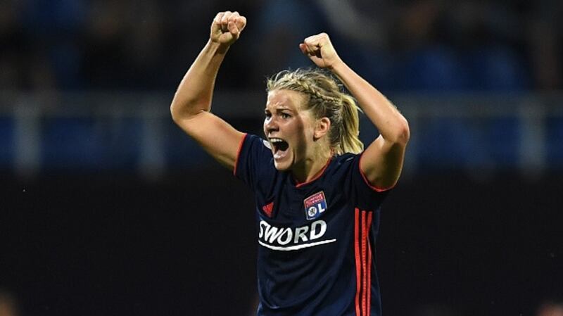Ada Hegerberg of Lyon celebrates scoring during the Womens Champions League final. Photograph: David Ramos/Getty Images