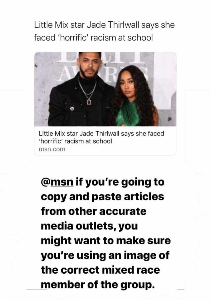 An Instagram Stories post by Jade Thirlwall criticising the MSN news service. Photograph: Jade Thirlwall