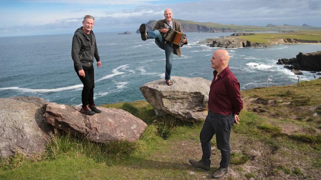 Musician and film-maker Philip King, trad musician Breanndán Ó Beaglaoich and Conor Pope at Ceann Sibéal on the Dingle peninsula, Co Kerry. Photograph: Valerie O’Sullivan