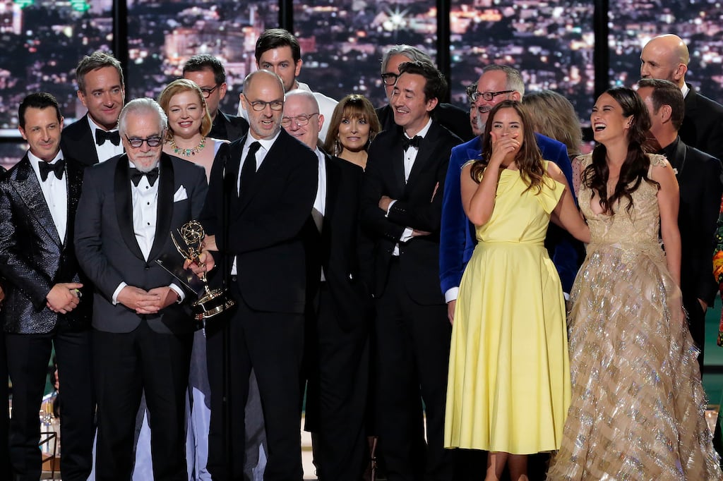Jesse Armstrong, cast and crew accept the Outstanding Drama Series award for Succession. Photograph: Chris Haston/NBC/Getty Images