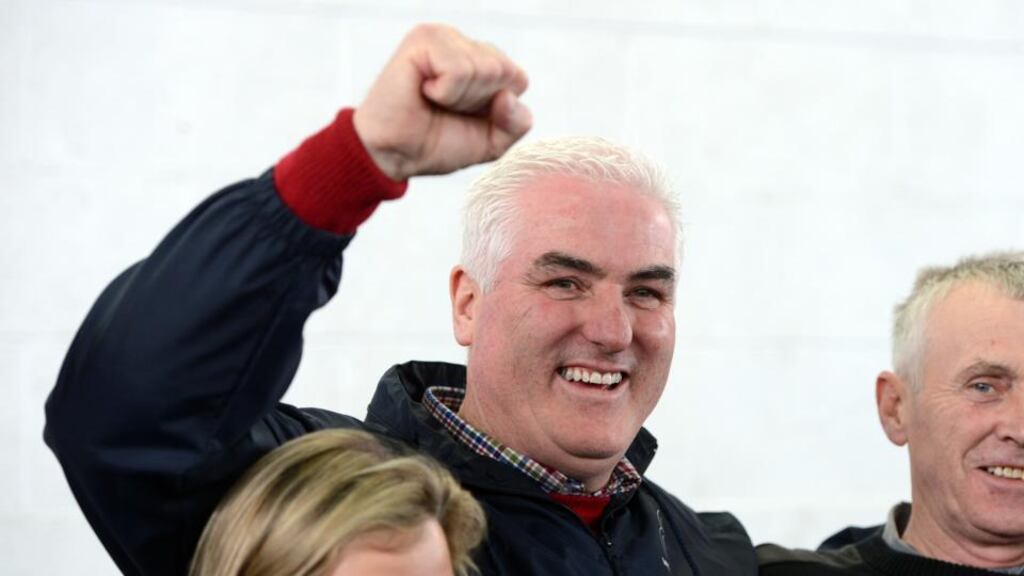 Ben Gilroy of Direct Democracy Ireland is delighted with his results during the count in the Meath East byelection, at the count centre in Donaghmore, Ashbourne, today. Photograph: Alan Betson/The Irish Times