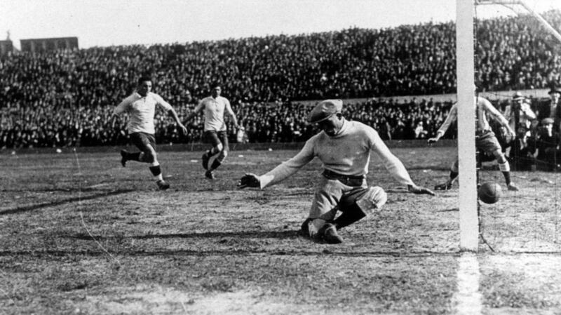 Uruguay’s Pablo Dorado (out of picture) beats Argentina’s goalkeeper Juan Botasso to score the first goal of the final after 12 minutes. Photo: Popperfoto/Getty Images