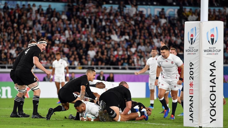 England’s Manu Tuilagi scores his sides first try against New Zealand. Photograph: Ashley Western/PA