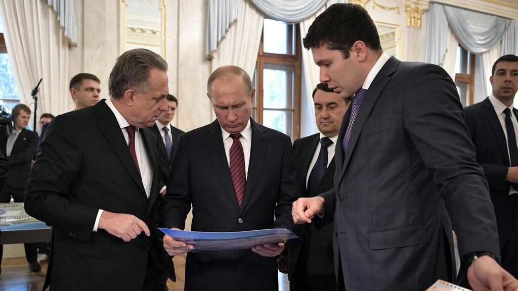 Russian president Vladimir Putin (centre): the Kremlin wants World Cup 2018 to be a showcase for Putin’s Russia, just like the 2014 Winter Olympics in Sochi. Photograph: Alexei Nikolsky/Kremlin via Reuters