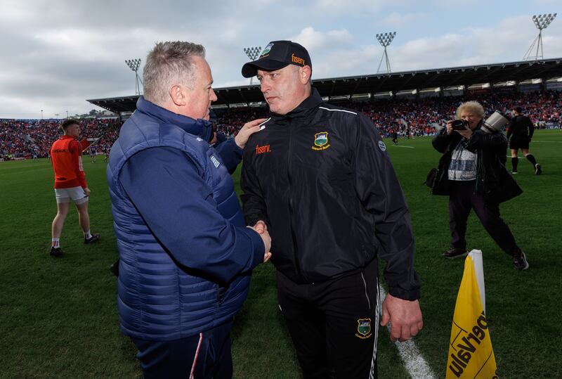 Liam Cahill with Cork manager Pat Ryan after the NFL Division 1A final at Páirc Uí Chaoimh in April. Photograph: James Crombie/Inpho