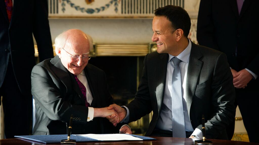 Taoiseach Leo Varadkar shakes hands with President Michael D Higgins (L) after requesting the dissolution of the Dáil. Photograph: EPA/AIDAN CRAWLEY
