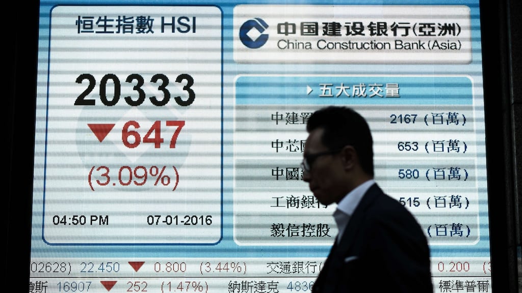 A man walks past an electronic board displaying the benchmark Hang Seng Index in Hong Kong on Thursday. With official economic growth in China still running at just below 7 per cent, the markets are slow to embrace government moves to shift the economy from an export-led one to a consumer and services-led one. Photograph: Philippe Lopez/AFP/Getty Images
