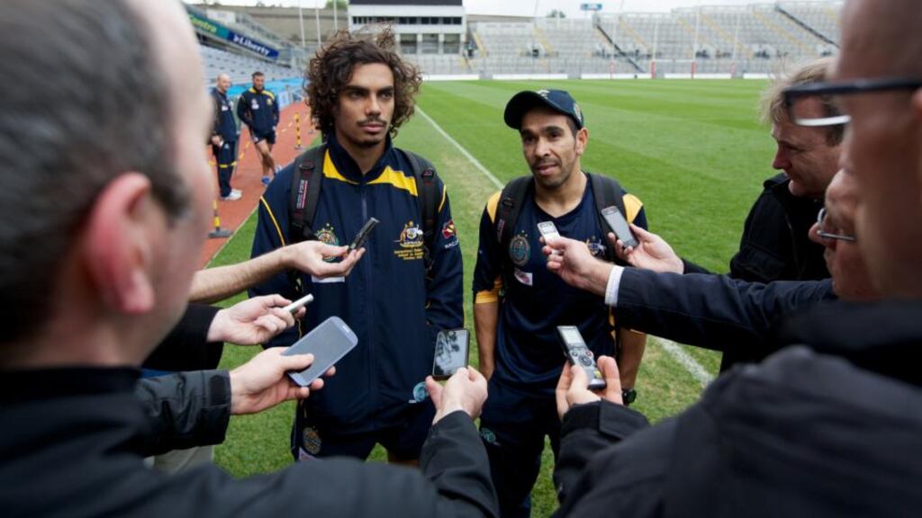 Tony Armstrong and Eddie Betts of the AFL Australian International Rules team speak with the media after a training session at Croke Park. Photograph: Patrick Bolger/Getty Images