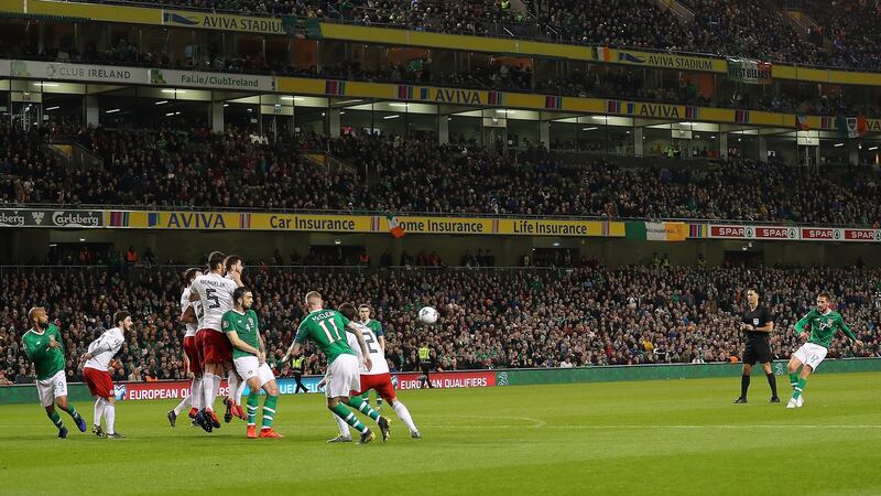 Conor Hourihane scores Ireland’s winner against Georgia. Photograph:  Catherine Ivill/Getty